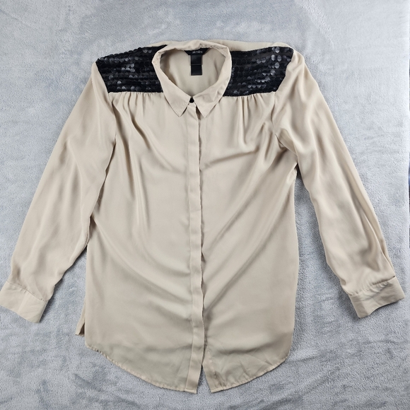 Ali Miles Tops - Ali Miles Button Down Blouse Beige XL Matte Sequins Shoulder Block Shoulders